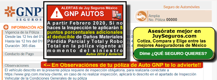 GNP Seguros de Autos Deducible Subirá 5 puntos más si no haces inspección con 8 Fotos. Asesórate Mejor en Juy Seguros México